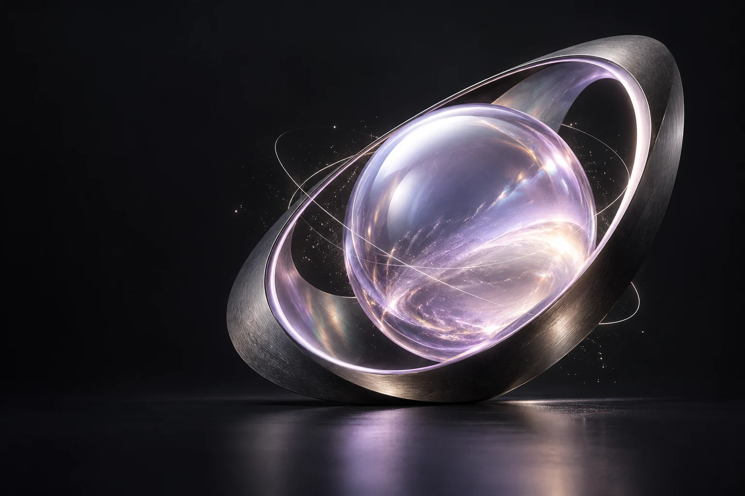 An iridescent lavender glass sphere surrounded by a brushed graphite ring